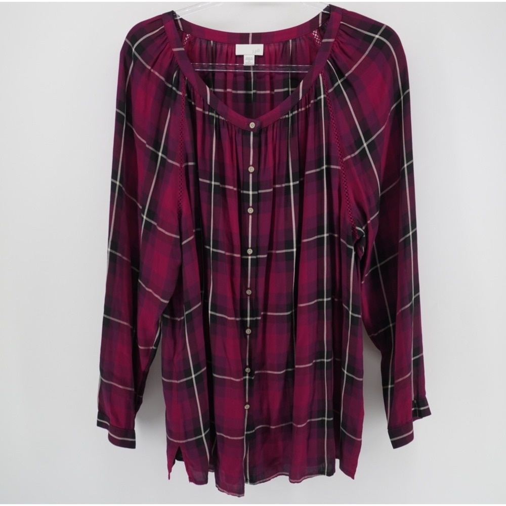 J. Jill Womens 2X Magenta Black Plaid Rayon Button Down Blouse Crochet Trim Top